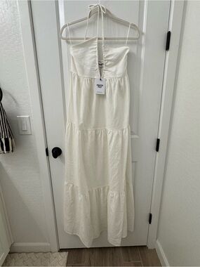 Princess Polly halter Tiered Maxi Dress - White linen